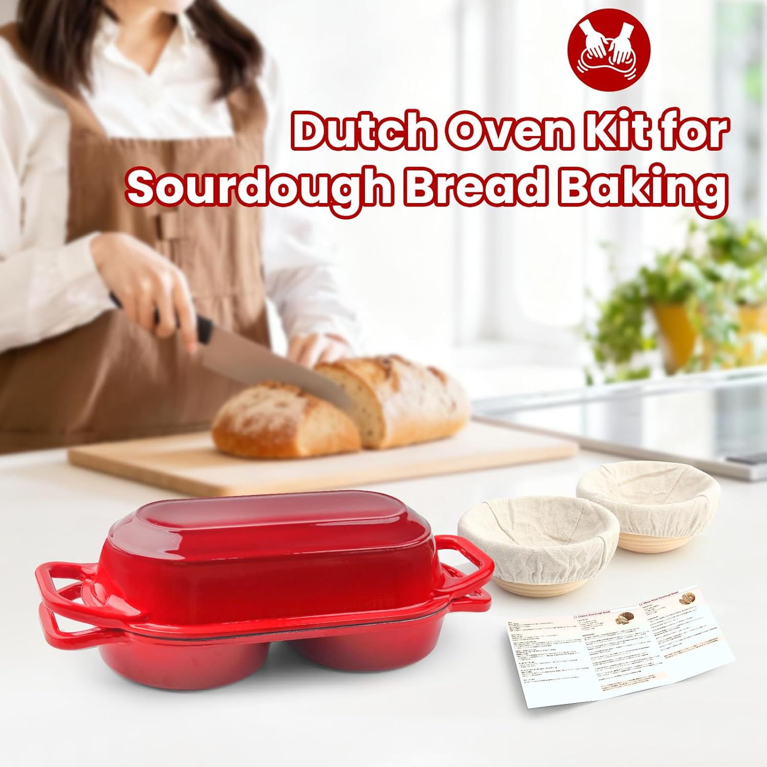 YONILL Mini Double Dutch Oven - Enameled Cast Iron Pot with Lid & 5" Banneton Proofing Basket (Red)