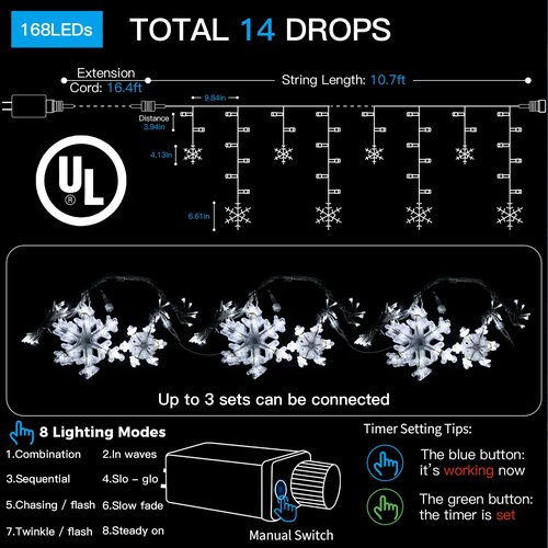 suddus Christmas Snowflake Lights Outdoor, 10.7ft 168 LED Connectable Holiday String Lights Plug in with 14 Drops, Hanging Icicle Lights for Outside, Eaves, House, Window, Yard, Indoor Decor, White