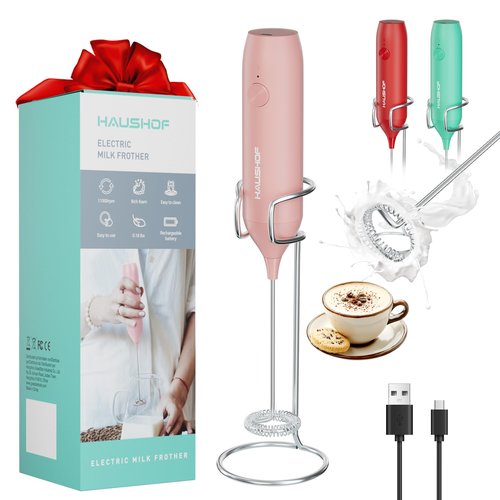 HAUSHOF Powerful Rechargeable Milk Frother Wand with Stand, Handheld Electric Foam Maker, Drink Mixer with Detachable Stainless Steel Whisk for Coffee Latte, Cappuccino, Matcha, Pink