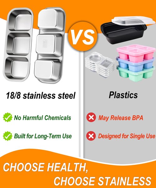 KTKUDY 3 Pack Stainless Steel Snack Containers for Kids & Adults - Leak-Proof 3-Compartment Stackable Snack Lunch Boxes for Daycare, School, Work & Travel