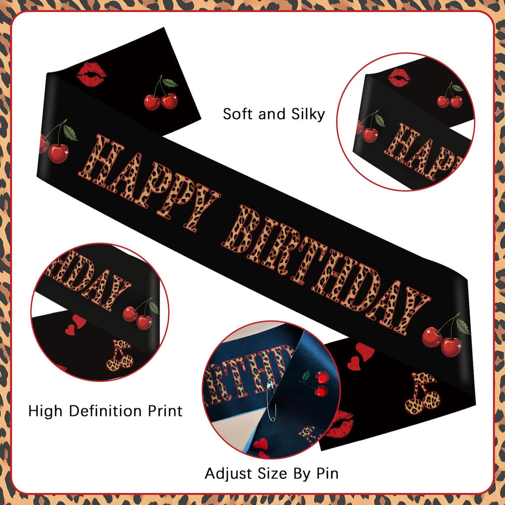 OWWOPATS Cheetah Cherry Happy Birthday Sash, Leopard Satin Sash Birthday Decorations Red and Black Party Decorations for Women and Girls