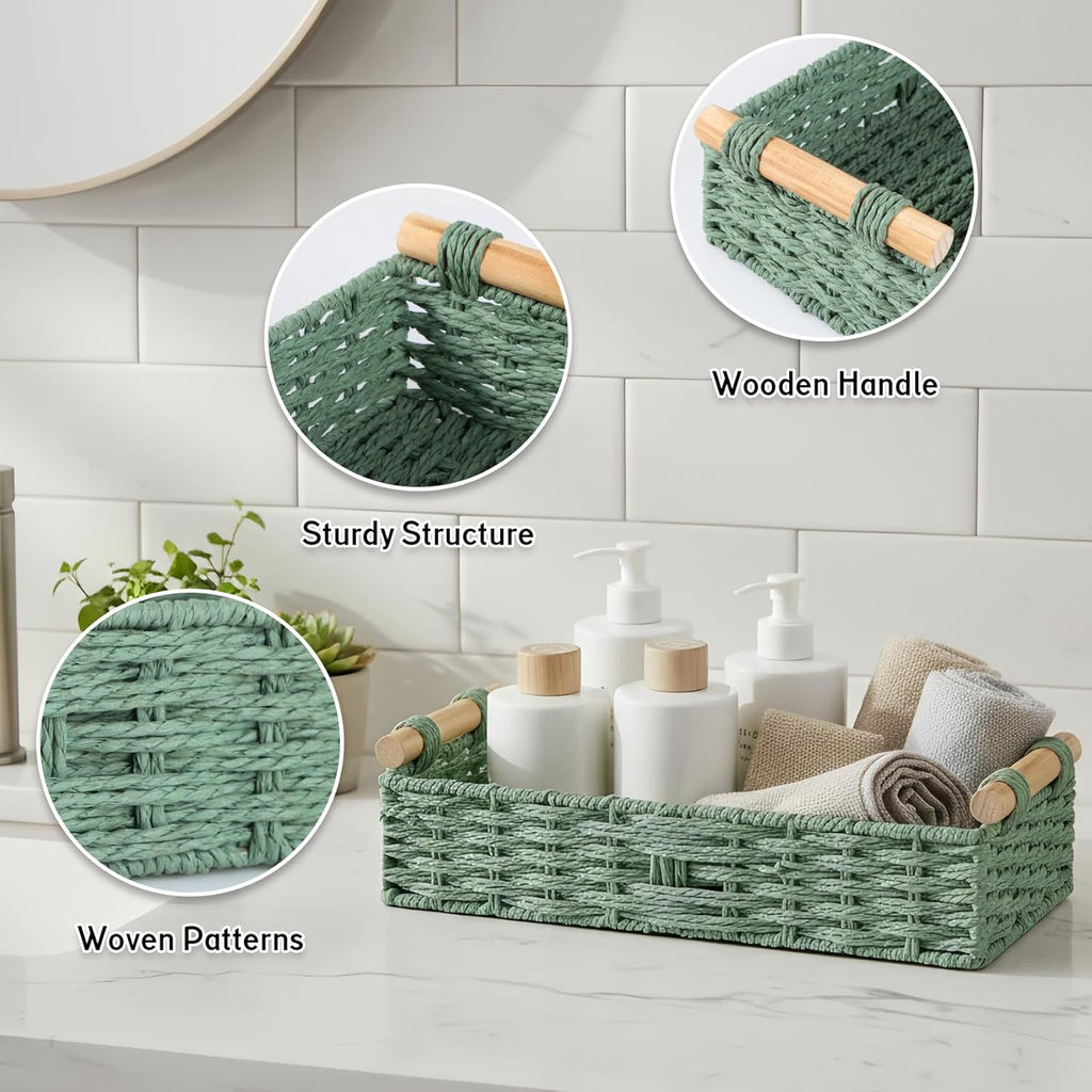 Skiennix Small Bathroom Storage Baskets - Woven Paper Rope Organizing Baskets in Sage Green | Perfect for Home Decor & Gifts