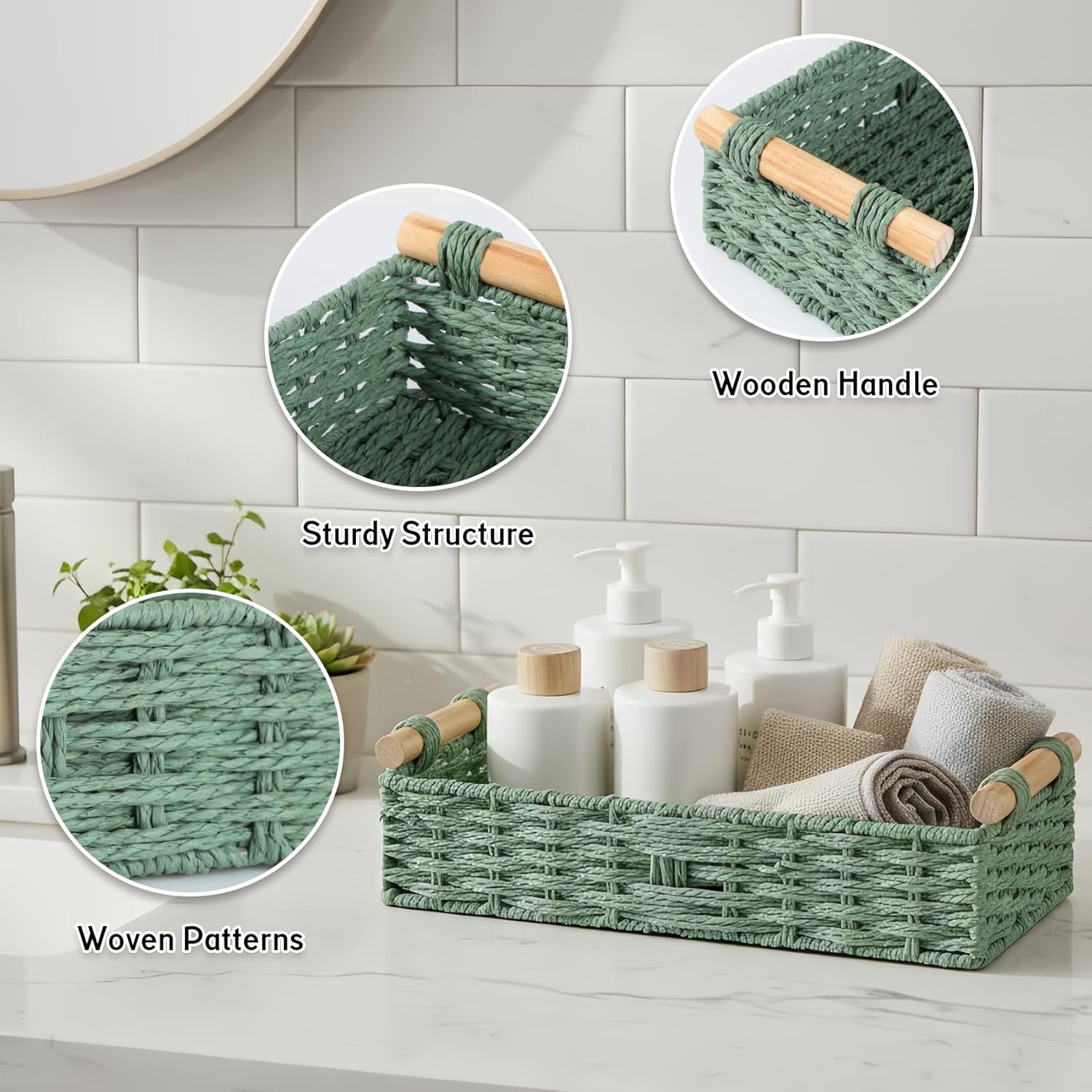 Skiennix Small Bathroom Storage Baskets - Woven Paper Rope Organizing Baskets in Sage Green | Perfect for Home Decor & Gifts