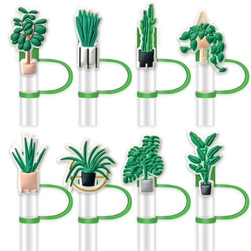 8PCS Green Plants Straw Covers Cap, Silicone 10mm Straw Tips Cover for Stanley 30&40 Oz Tumbler with Handle, Reusable Dust-Proof Drinking Straw Toppers