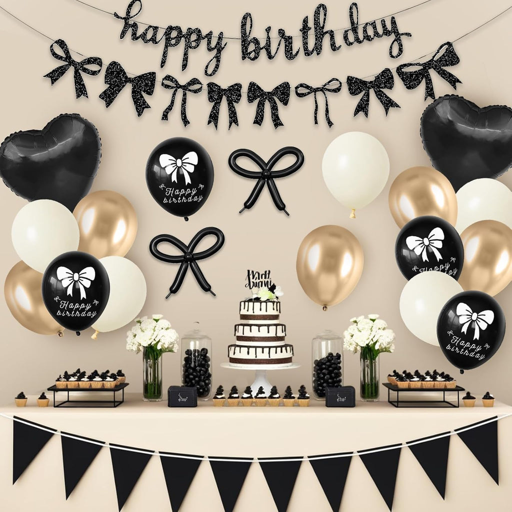 Skiennix Bow Birthday Decorations - Elegant Black & Gold Coquette Party Set with Happy Birthday Banner & Heart Foil Balloons