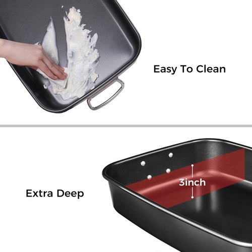 HONGBAKE Lasagna Pan - 3 Inch Deep Nonstick Baking Dish | 15x10" Heavy Duty Oven Roasting Pan, Dark Grey