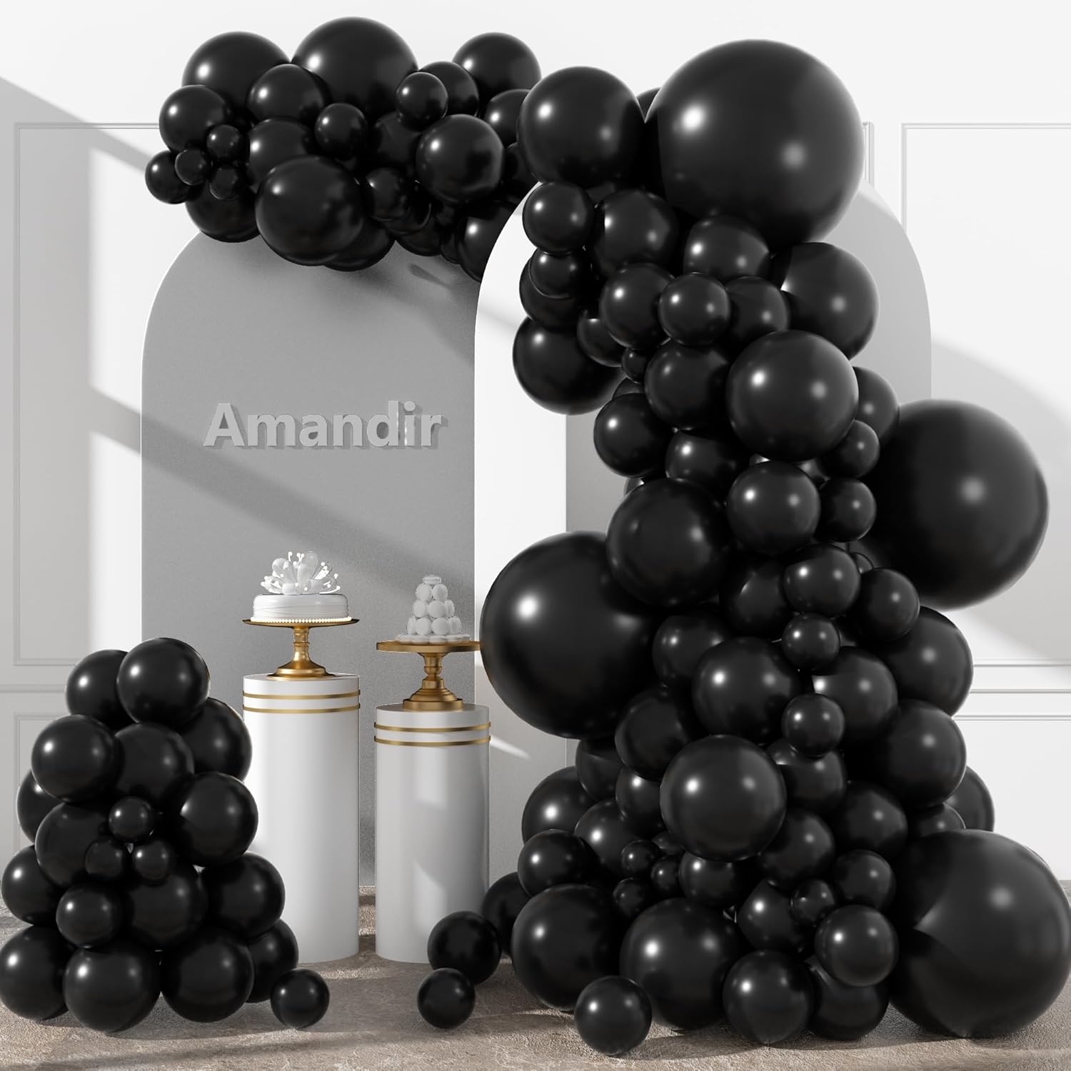 Amandir 153-Piece Black Balloon Arch Garland Kit - Matte Latex Balloons in 5-18 Inch Sizes for Parties