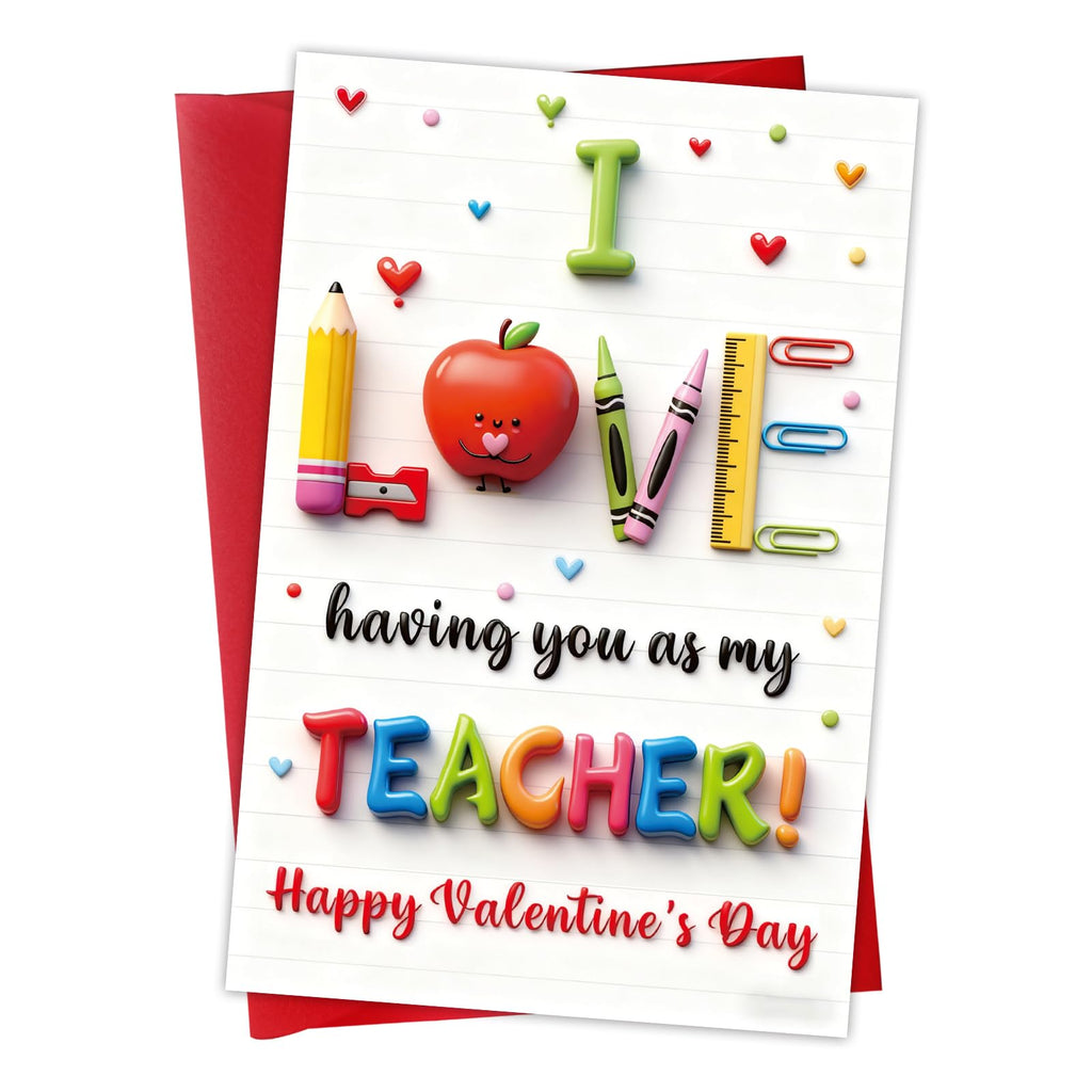 WALENGIF Teacher Valentine Day Card - Happy Valentine's Day Gifts for Teachers Cute Valentines Day Teacher Greeting Cards with Envelope Valentines Day Teacher Gift from Students Kids