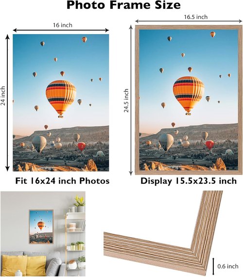 JCJMY 16x24 Picture Frame - Rustic Brown Wall Gallery Frame for Photos & Canvas in Horizontal/Vertical Formats