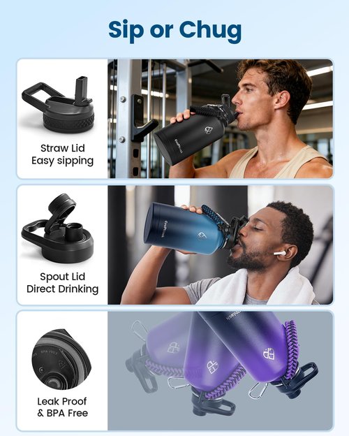 EvoPhlask Insulated Water Bottle 64 oz, Vacuum Stainless Steel Water Bottle Keep Cold 48Hrs, Half Gallon Large Water Jug for Travel, Sport, Gym, Hiking with Carrier Bag, Indigo/Black
