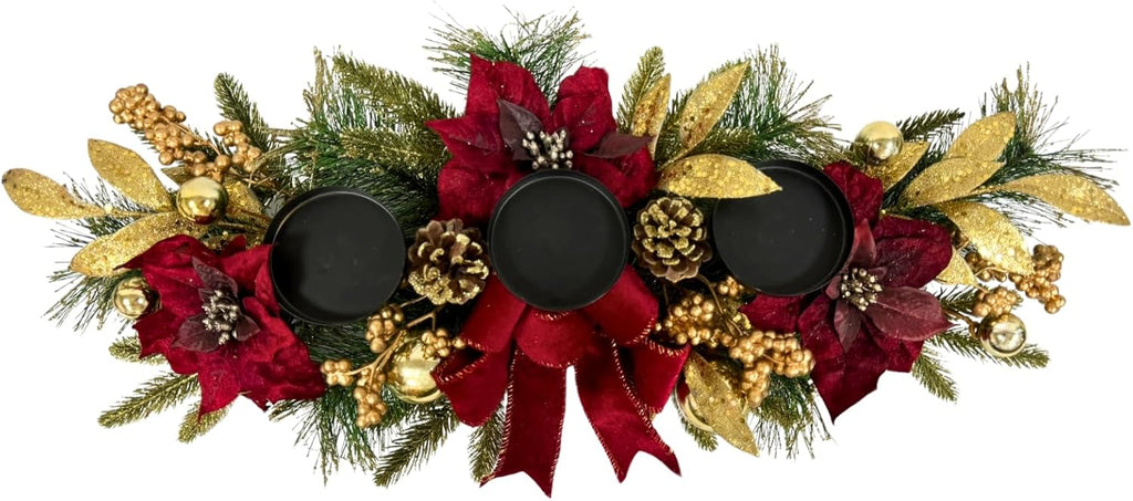 Svndlyn Christmas Candle Holders - Festive 3-Piece Set with Red Poinsettia, Golden Pine, and Berries for Table Centerpiece