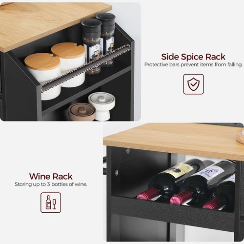 MAHANCRIS Kitchen Island with Power Outlet, Kitchen Storage Island with Drawer, Rolling Kitchen Cart on Wheels, Spice Rack, Towel Rack, Wine Rack, for Dining Room, Black and Natural KIHN122E01