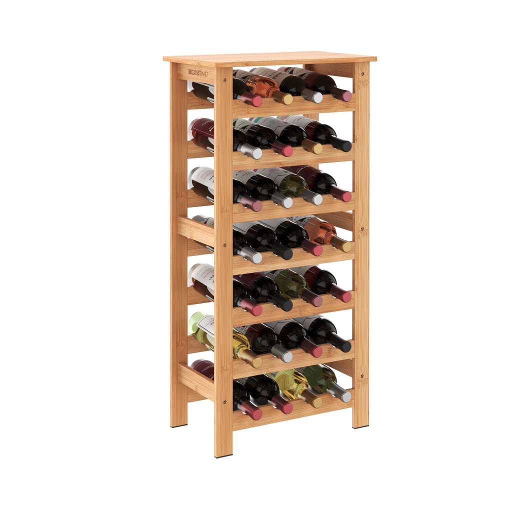 ClosetMaid 28 Bottle Standing Floor Wine Storage Rack Tower with Top Shelf, Bamboo Wood