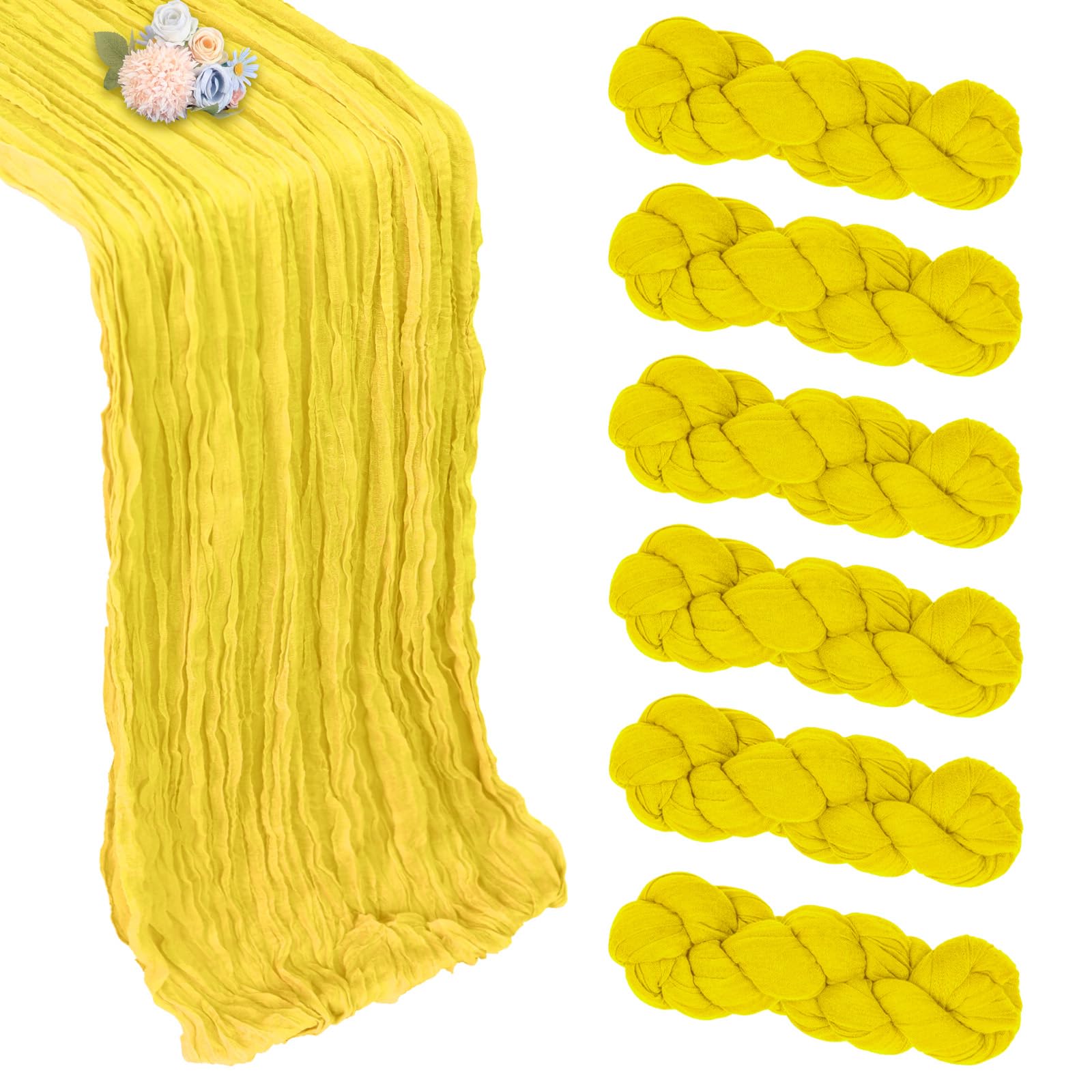 6 Pack Lemon Yellow Table Runner 10ft Boho Gauze Fabric Cheesecloth Table Runner 35 x 120 Inch Rustic Sheer Runner for Holiday Baby Shower Home Décor Party Wedding Decoration