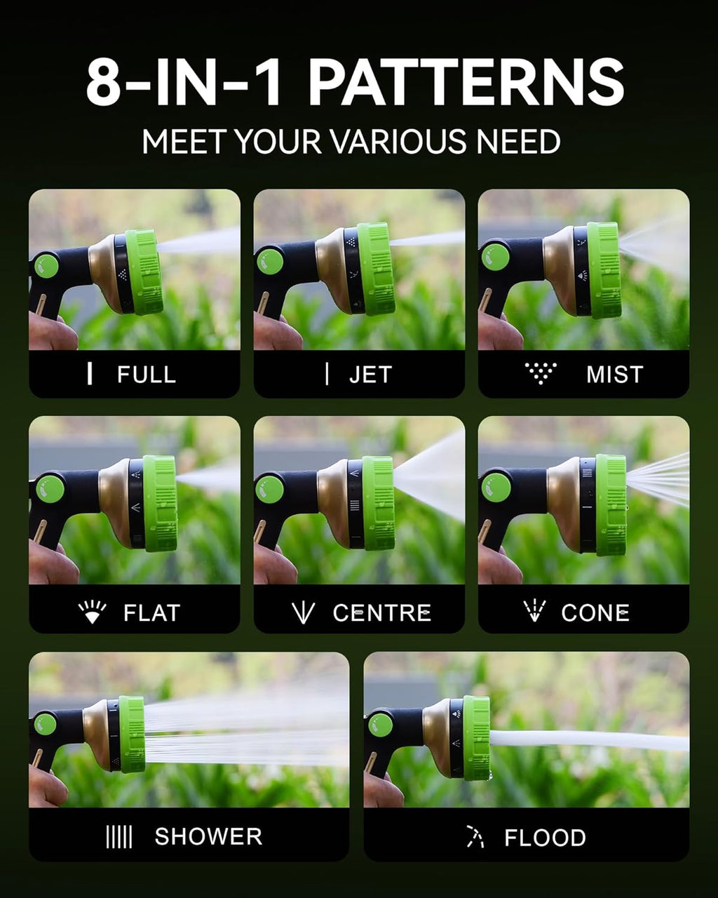 RAINPOINT Hose Sprayer Nozzle - Heavy Duty Garden Hose Nozzle with 8 Spray Patterns & Adjustable Flow Control | Green