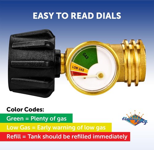 Flame King Propane Tank Gauge - Color-Coded Leak Detector & Pressure Meter | Universal Fit for BBQ, RV, Heater