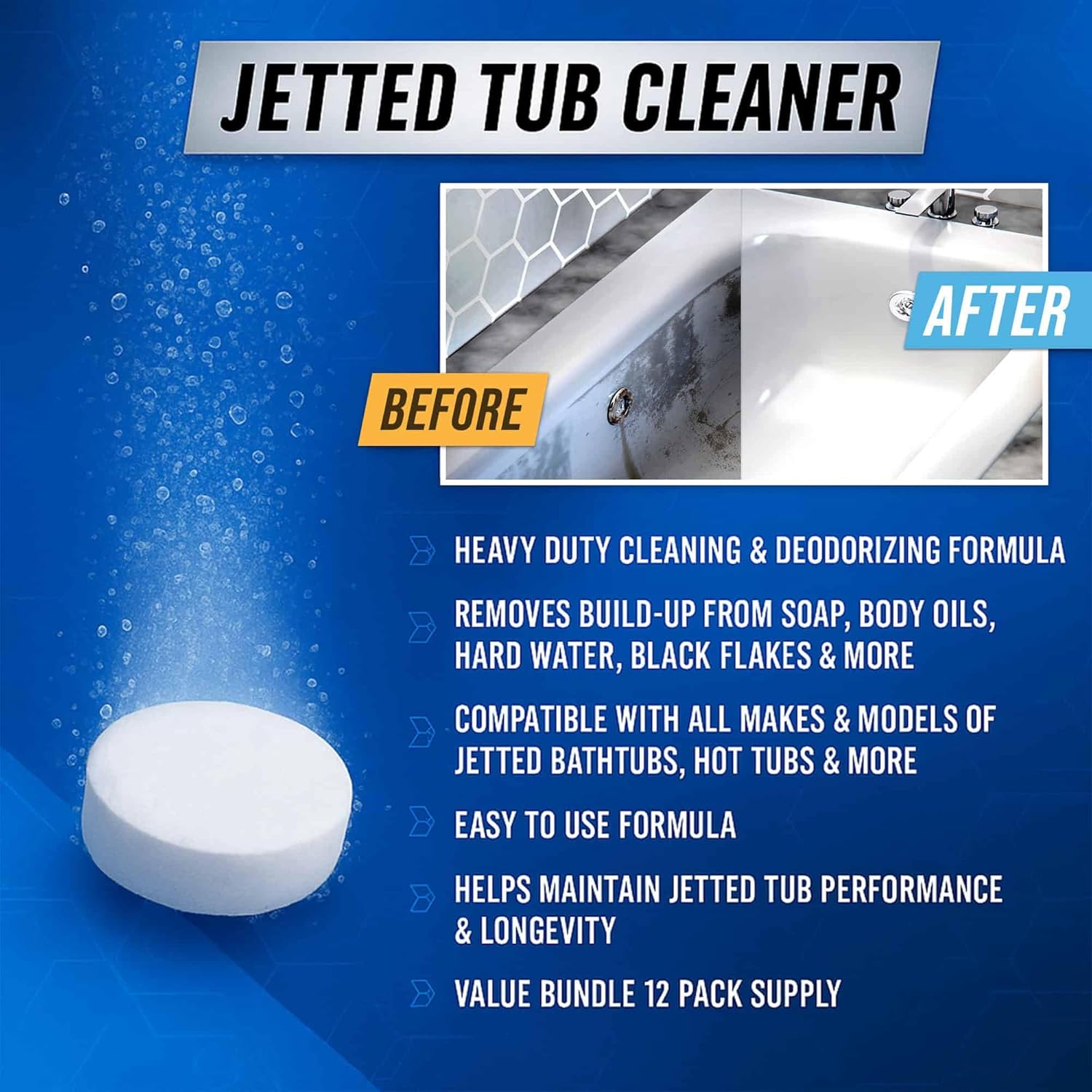 Skiennix Jetted Tub Cleaner Tablets - 12 Active Cleaning Tabs for Whirlpool & Spa Baths | Septic Safe