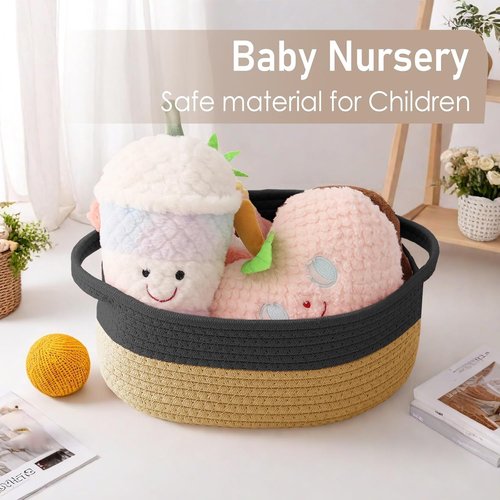 JMvicyroam Woven Storage Baskets - Small Rope Bins with Handles for Organizing Shelves | Black & Jute, 3-Pack