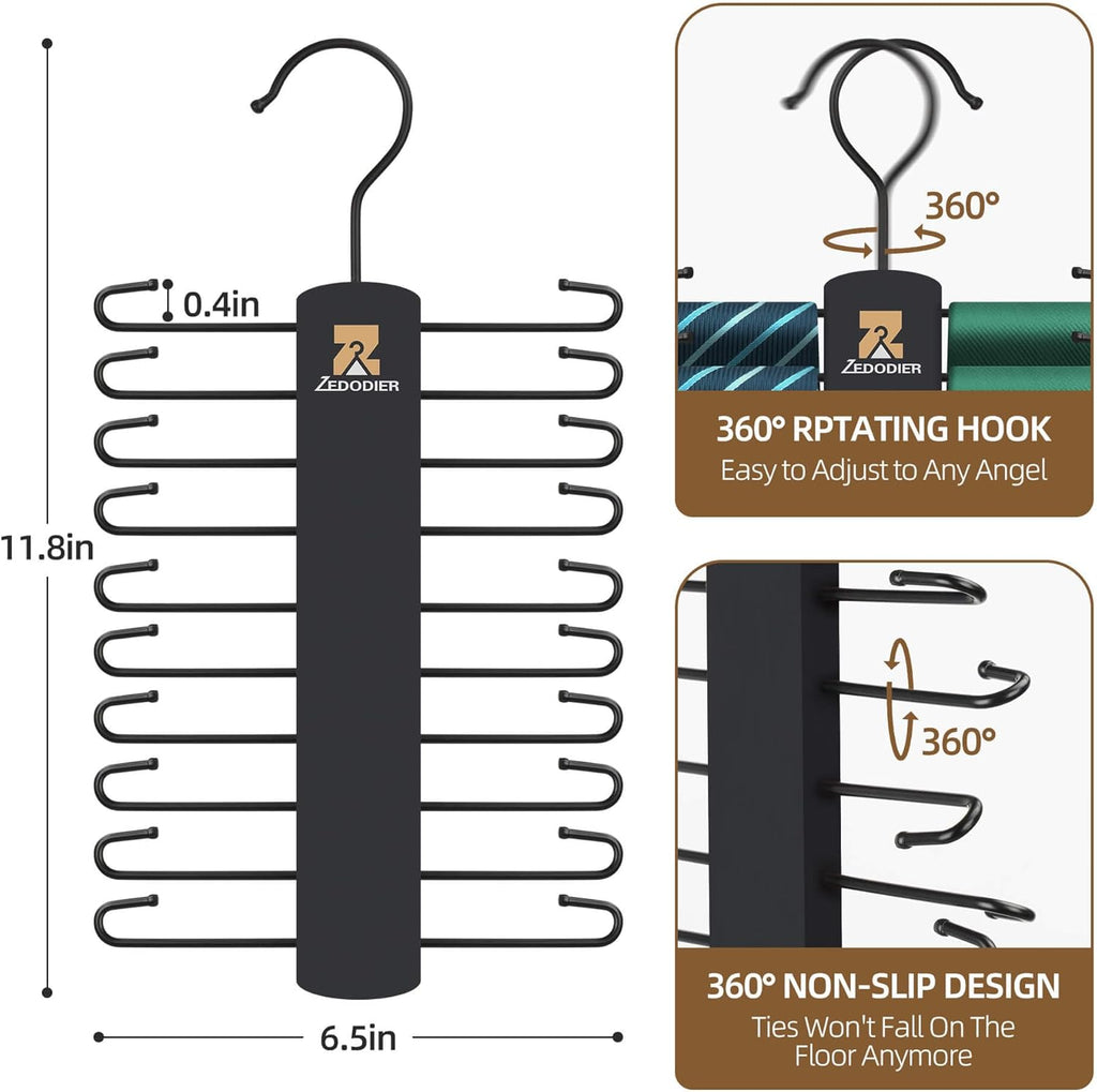 ZEDODIER Tie Hanger - Space-Saving Necktie Organizer with 40 Hooks | Large Capacity Black Wooden Hanger