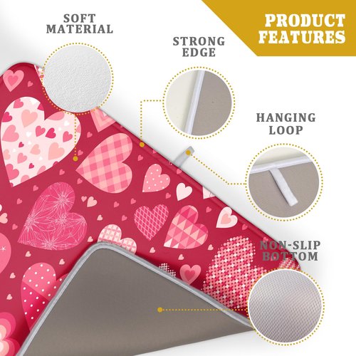 Valentine Day Love Heart Dish Drying Pad 18 x 24 Inch with Absorbent Reversible Microfiber Happy Valentines Pink Red Hearts Drying Mats For Kitchen Counter Dining Room Decoration