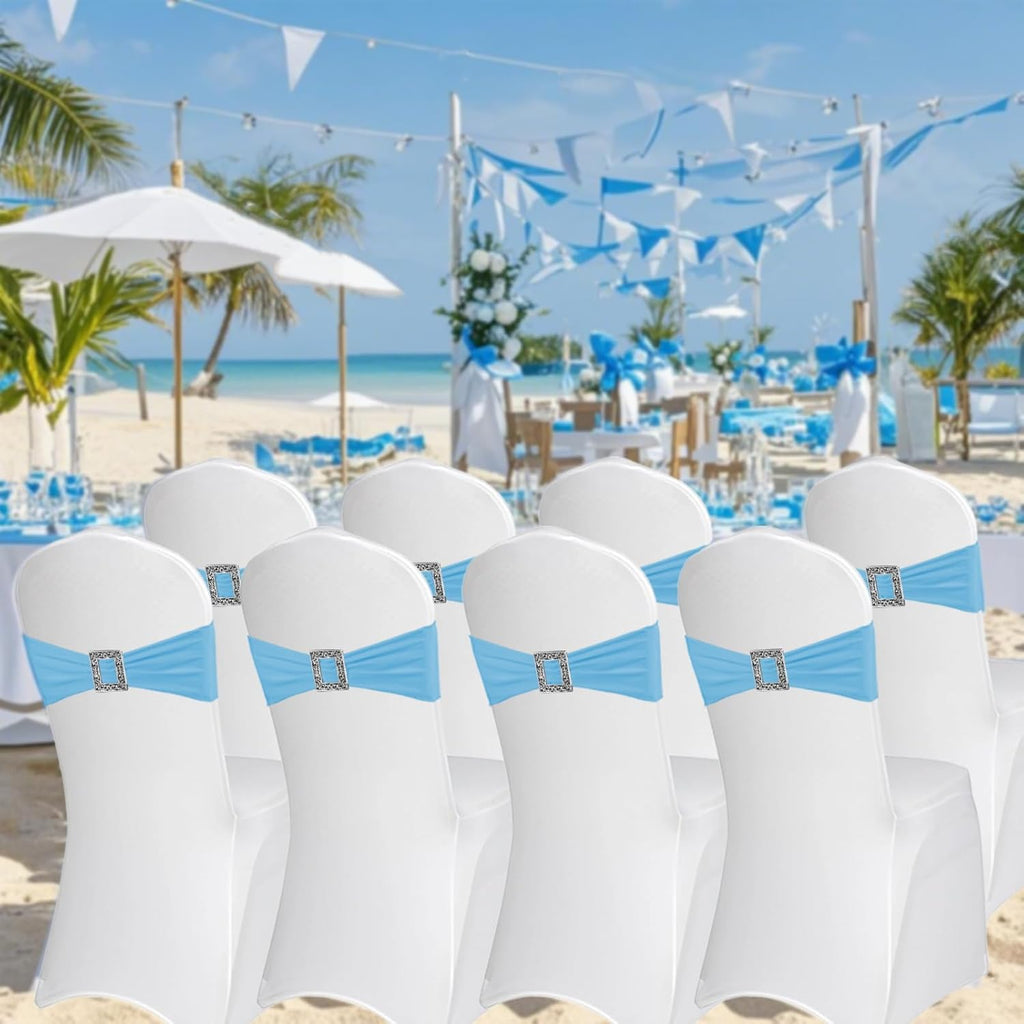 Skiennix 100 Pack Spandex Stretch Chair Sashes - Elastic Covers with Buckle Slider for Weddings & Events | Baby Blue