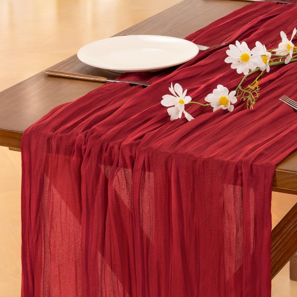 Socomi Cheesecloth Table Runner - 120 Inch Red Boho Rustic Decor for Weddings & Parties