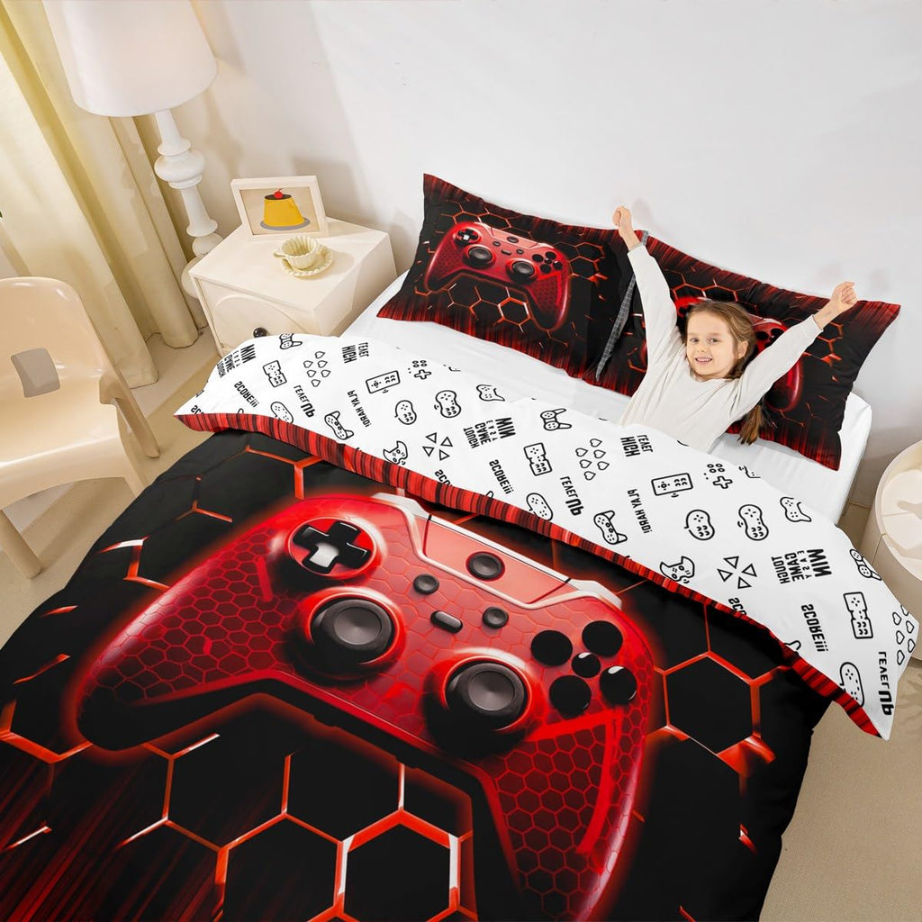 Manfei Kids Gaming Duvet Cover Set Full Size, Red Geometric Gamepad Bedding Set 3pcs for Boys Girls Game, Modern Gamer Comforter Cover Videogames Reversible Quilt Cover with 2 Pillowcases,No Comforter