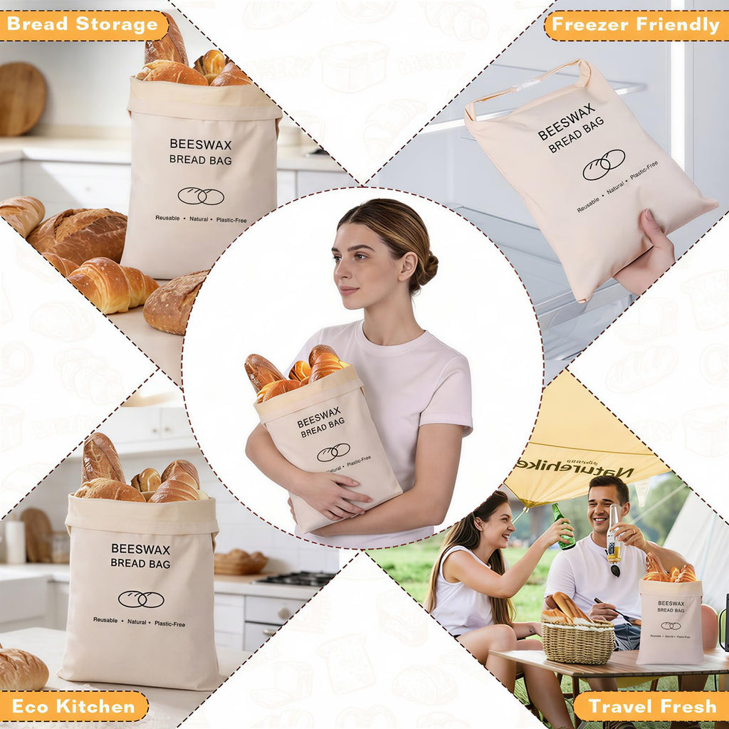 2 Pack Beeswax Bread Bag for Sourdough, Reusable Beewax Bread Bags, Organic Cotton Sourdough Bread Bags for Homemade, Keep Bread Fresh, Freezing Safe with Cleaning Brush-Care