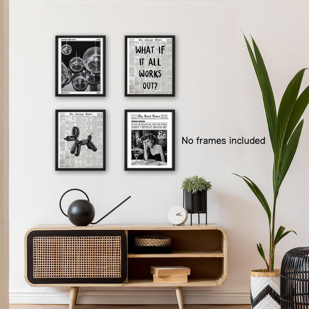 NaZaUK Funky Retro Y2K Wall Art - Black & White Newspaper Posters Set of 4 | Trendy Bedroom Decor 8x10 Unframed