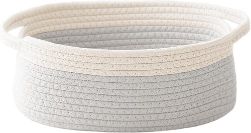 JMvicyroam Woven Basket - Small Rope Storage Bin with Handles for Organizing Shelves & Closets | White & Grey