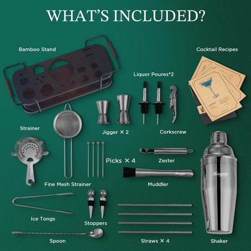 KITESSENSU Cocktail Shaker Set Bartender Kit with Stand | Complete 24-Piece Bar Set Cocktail Kit with All Bar Accessories, Black