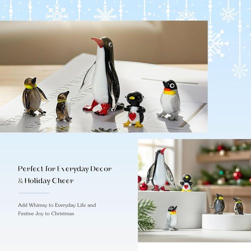 HDCRYSTALGIFTS Blown Glass Penguin Figurines Set - Handmade Miniature Family Sculpture | Perfect Gift for Mom