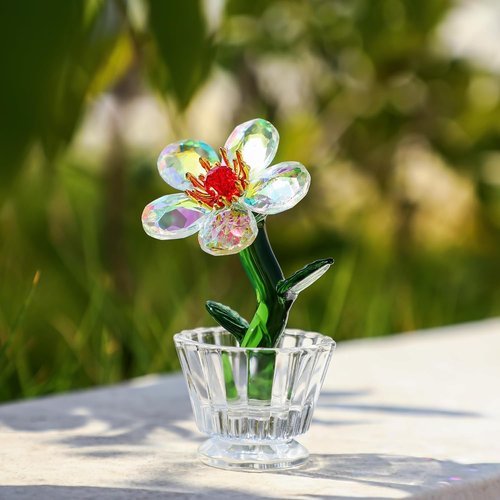 Crystal Peach Blossom Mini Ornament - Elegant Glass Flower Figurine for Home & Office Décor | 2.9 x 1.5 in