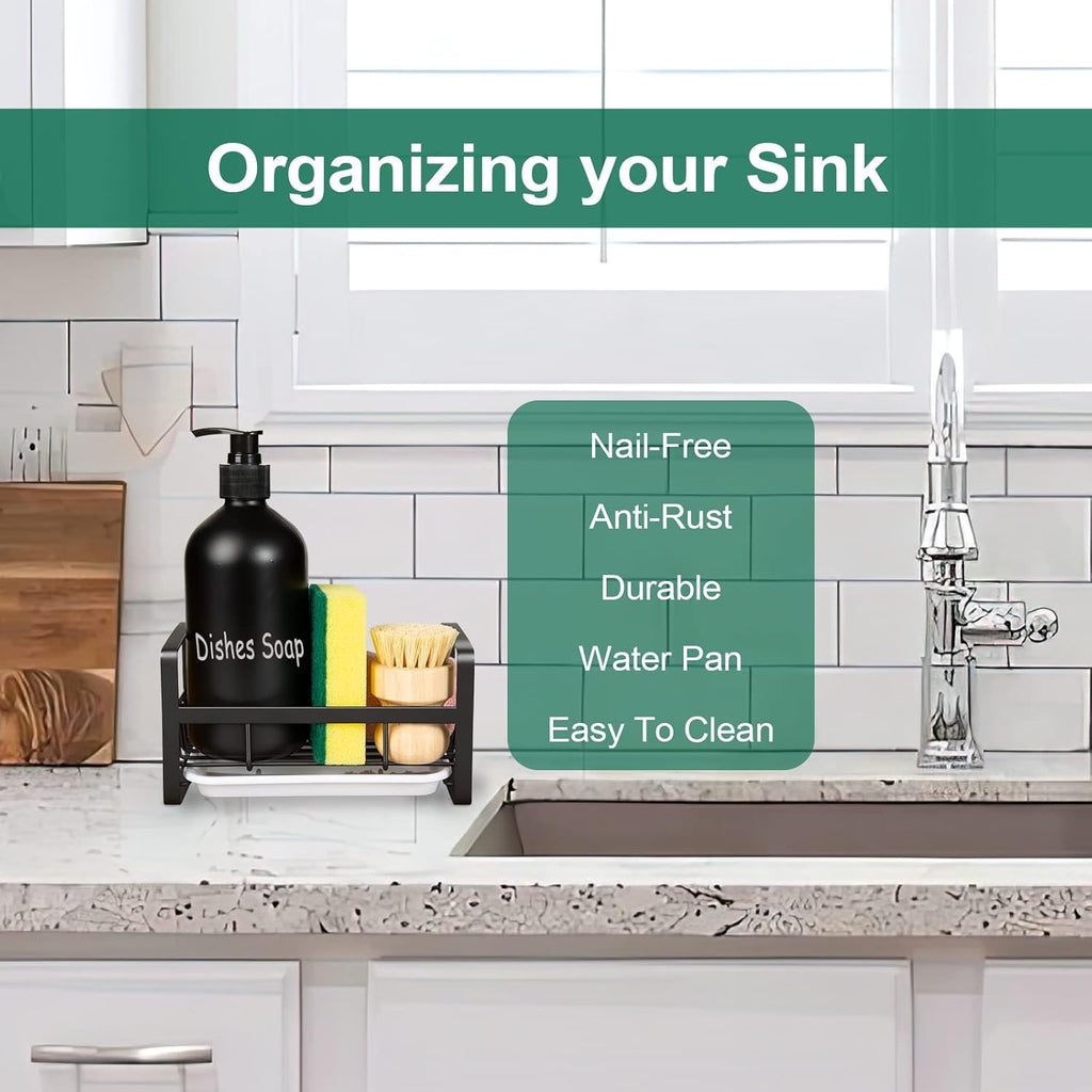 TEZZ Stainless Steel Sponge Holder - Kitchen Sink Caddy for Organizing Sponges, Brushes & Soap | Black