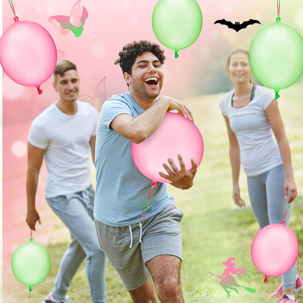 Skiennix Punch Balloons - 24 Pcs Pink & Green Bounce Balloons with Rubber Band Handles for Parties