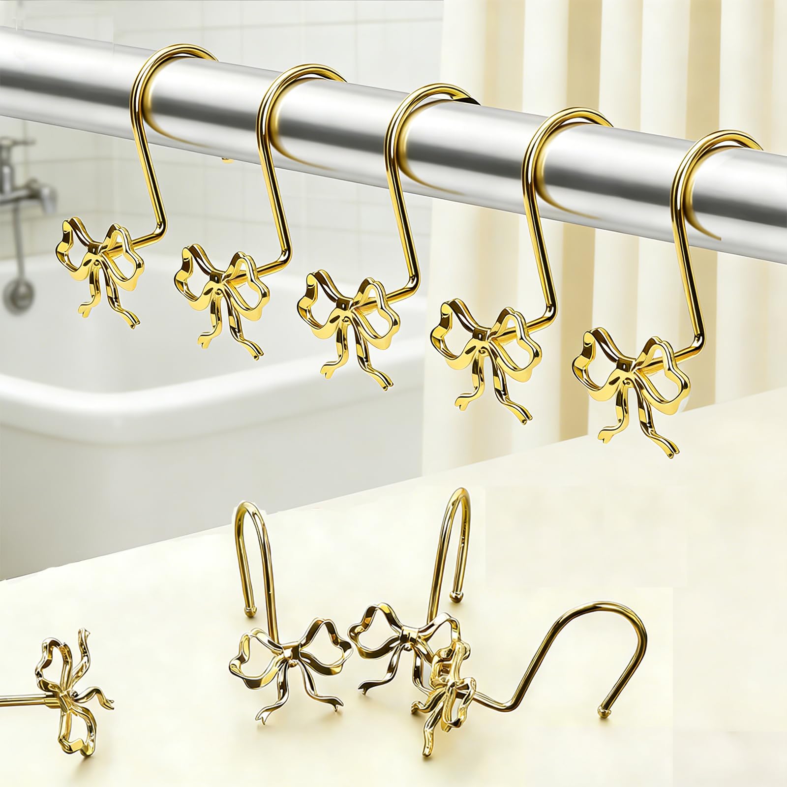 Udihch Bow Shower Curtain Hooks,12-Pack, Elegant Shower Curtain Hangers Suitable for Bathrooms, Bedrooms, Living Rooms and Children's Rooms,Easy to Slide, Fits Standard Rods. (Gold)