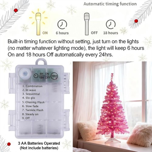Juegoal Pink Artificial Tree, 4 FT Pre-lit Christmas Tree, Lighted Tinsel Pencil Pine Spruce Trees with Warm White Lights, 8 Lighting Mode Battery Powered for Xmas Holiday Winter Home Party Decor