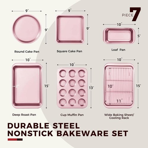 KITESSENSU Nonstick Baking Pans Set - 7-Piece Bakeware with Round, Square, Loaf, Muffin, Cookie & Roast Pans | Pink