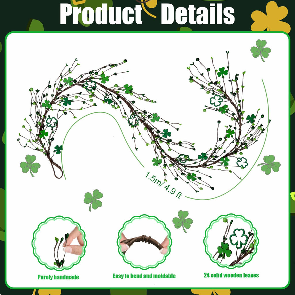 1 Pcs St Patricks Day Garland 5ft, Shamrock Garland, St Patrick's Day with Green Light, St. Patrick's Day Decorations Saint Patricks Irish Decor for Table Mantle Indoor Home