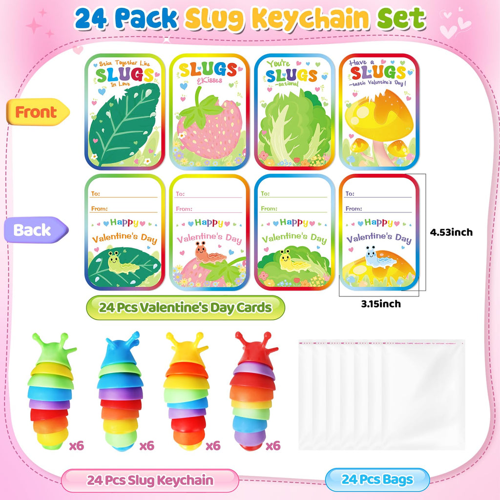 AuroTops Valentines Day Cards for Kids,24 Pack Cute Keychains Bulk Sensory Slug Fidget Toys with Valentines Cards for Boys & Girls Valentine's Day Classroom Gift Exchange,Kids Party Favors