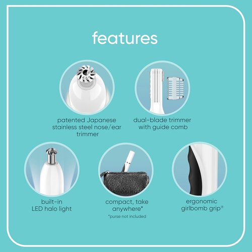 Conair GIRLBOMB Nose Hair Trimmer - Battery-Operated Face Hair Removal with 360° Beveled Blade & LED Light - White