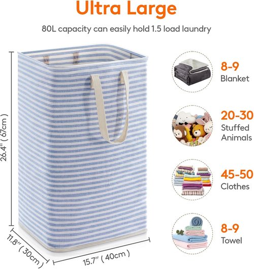 Lifewit 80L Collapsible Laundry Basket - Waterproof Clothes Hamper with Reinforced Handles | Blue