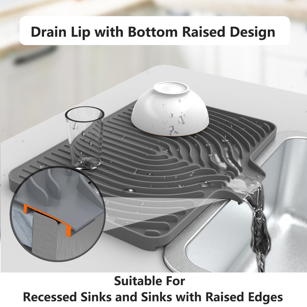 Dish Drying Mat for Kitchen Counter, with Built-in Drain Lip, Food-Grade Silicone, Easy Clean Pad for Countertop Protection, Multi-Functional Use (18 x12 Raised Sink, Grey)