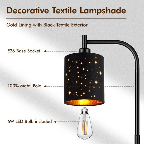 Gothic Industrial Floor Lamp with Starry Laser Cut Shade, 67" Black Metal Standing Lamp with 6W LED Bulb,Foot Switch, Perfect Halloween Spooky Home Decor,Tall Floor Lamp for Bedroom, Living Room,Black