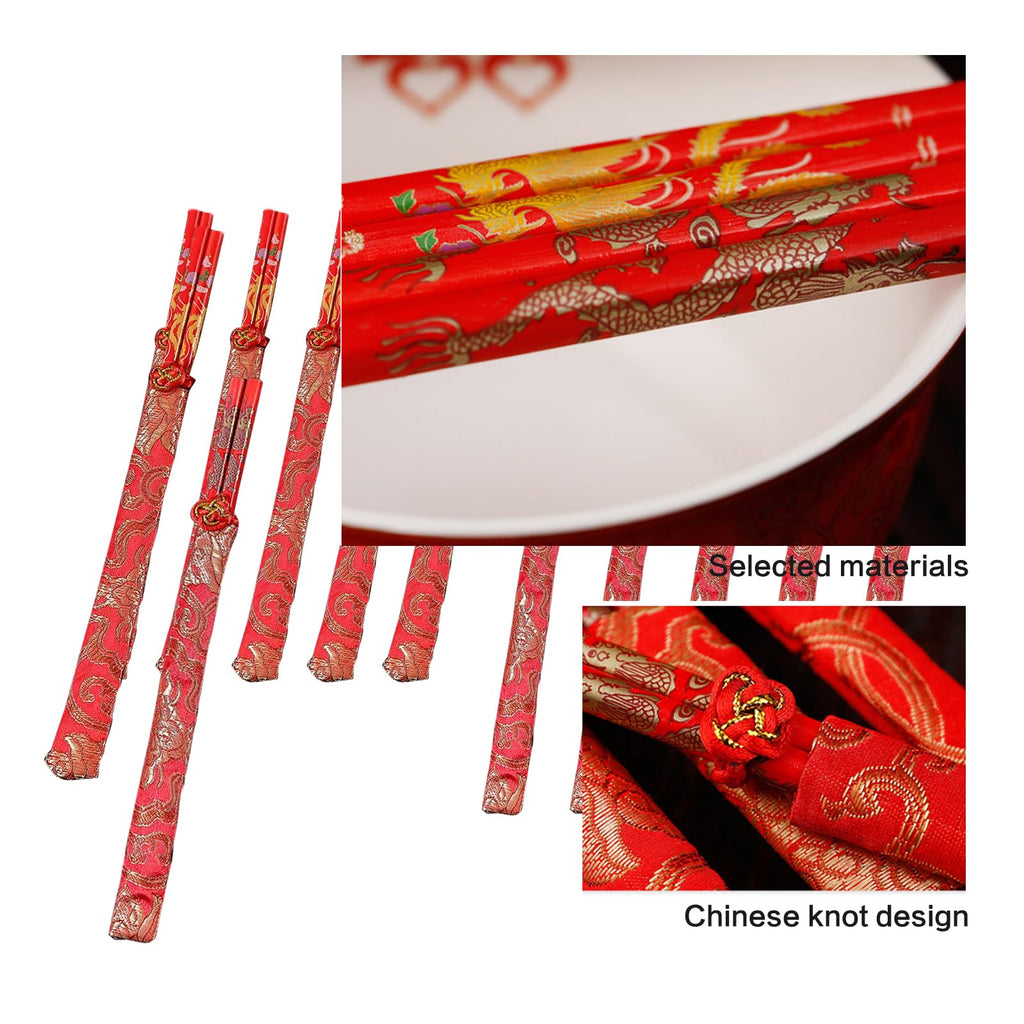 10 Pairs Chinese Knot Wooden Chopsticks with Gold Dragon Phoenix Pattern Red Chinese New Year Chopstick Set Chinese New Year Gifts for Wedding Chinese Festive Dining