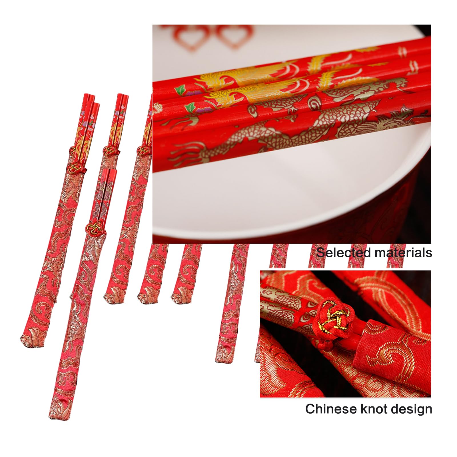 10 Pairs Chinese Knot Wooden Chopsticks with Gold Dragon Phoenix Pattern Red Chinese New Year Chopstick Set Chinese New Year Gifts for Wedding Chinese Festive Dining