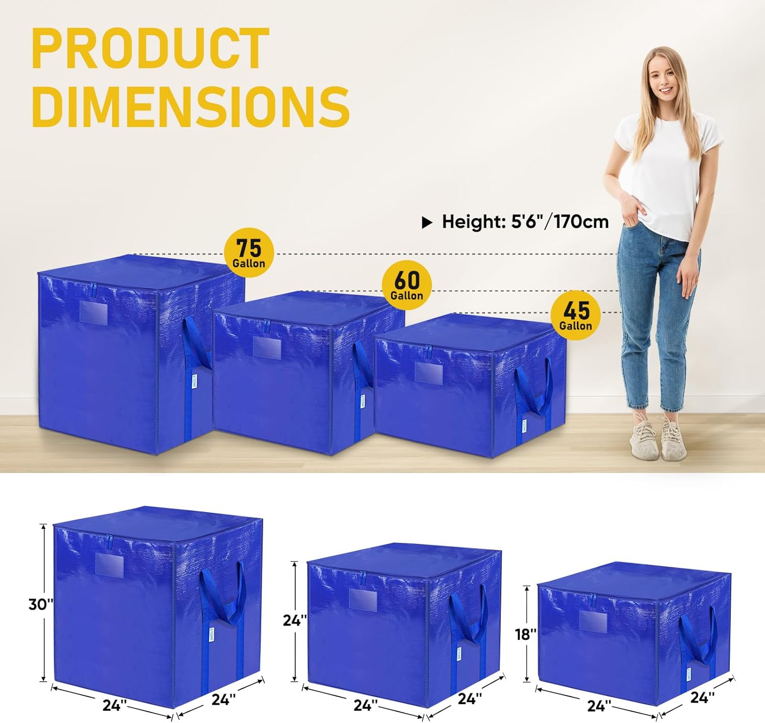 TICONN Extra Large Moving Bags - Heavy-Duty Storage Totes with Zippers & Handles | 75 Gallon, 4 Pack