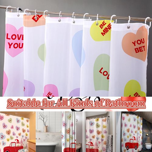 Drydiet 4 Pcs Valentines Shower Curtain Set with Non Slip Rugs Toilet Lid Cover Bath Mat and 12 Hooks Gnome Candy Conversation Heart Truck Bathroom Decor Valentine Shower Curtain for Bathroom