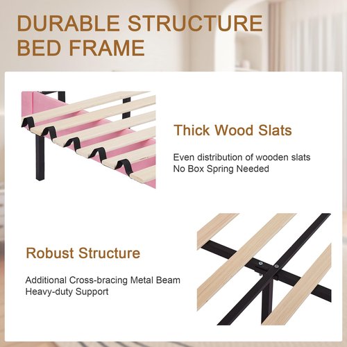 VECELO Twin Bed Frame, Platform Bed Frame with Adjustable Height Upholstered Headboard, Heavy-Duty Frames and Strong Wooden Slats Support, Non-Slip and Noise-Free, Easy Assembly, Pink