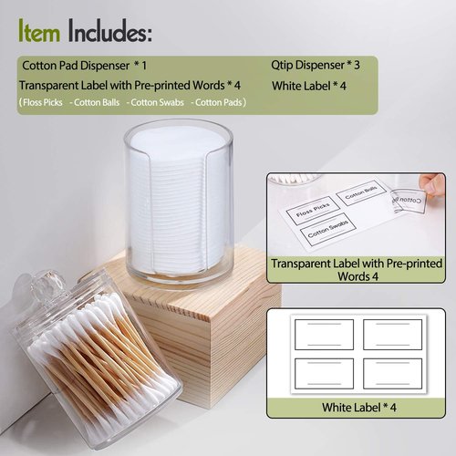 AOZITA Acrylic Qtip Holder Dispenser Set - 4 Clear Plastic Jars for Cotton Swabs & Vanity Organization